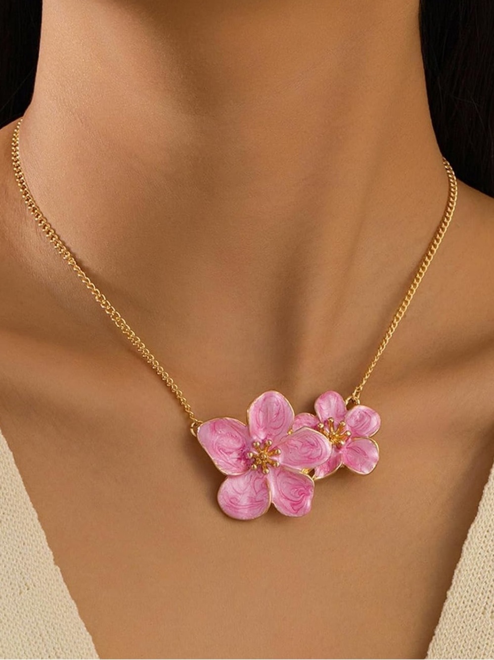 Anthropologie Gold Necklace with Pink Floral Double Pendant
